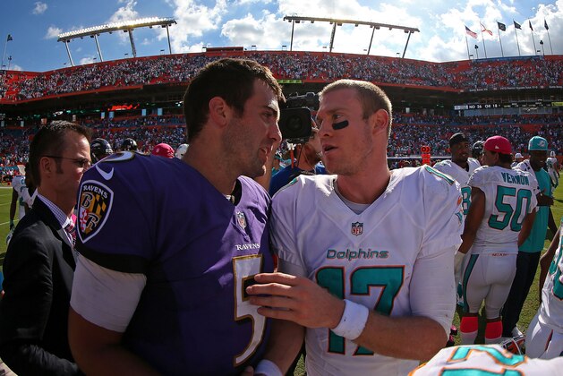 MIAMI GARDENS, FL - OCTOBER 06: Ryan Tannehill #17 of the Miami Dolphins and Joe Flacco #5 of the Baltimore Ravens shake hands after a game at Sun Life Stadium on October 6, 2013 in Miami Gardens, Florida. (Photo by Mike Ehrmann/Getty Images) MIAMI GARDENS, FL - OCTOBER 06: Ryan Tannehill #17 of the Miami Dolphins and Joe Flacco #5 of the Baltimore Ravens shake hands after a game at Sun Life Stadium on October 6, 2013 in Miami Gardens, Florida. (Photo by Mike Ehrmann/Getty Images)