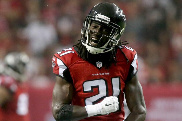 Sep 7, 2014; Atlanta, GA, USA; Atlanta Falcons cornerback Desmond Trufant (21) celebrates a play in their game against the New Orleans Saints at the Georgia Dome. The Falcons won 37-34 in overtime. Mandatory Credit: Jason Getz-USA TODAY Sports