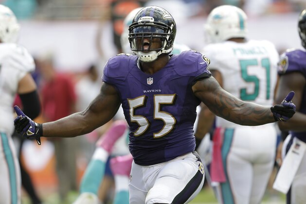 Baltimore Ravens outside linebacker Terrell Suggs (55) reacts after sacking Miami Dolphins quarterback Ryan Tannehill (17) during the second half of an NFL football game, Sunday, Oct. 6, 2013, in Miami Gardens, Fla. (AP Photo/Wilfredo Lee)