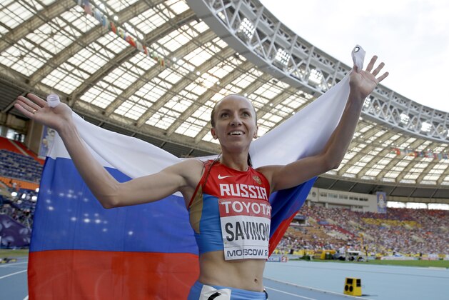 Russia's Mariya Savinova celebrates winning the silver in the women's 800-meter final at the World Athletics Championships in the Luzhniki stadium in Moscow, Russia, Sunday, Aug. 18, 2013. (AP Photo/David J. Phillip)