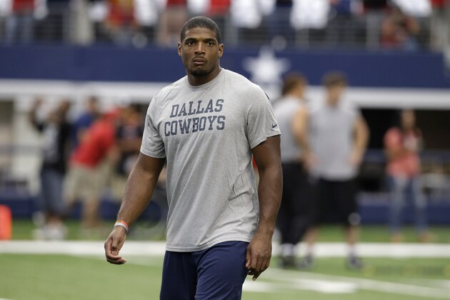Dallas Cowboys Michael Sam walks on the field before the first half of an NFL football game against the San Francisco 49ers, Sunday, Sept. 7, 2014, in Arlington, Texas. (AP Photo/LM Otero)