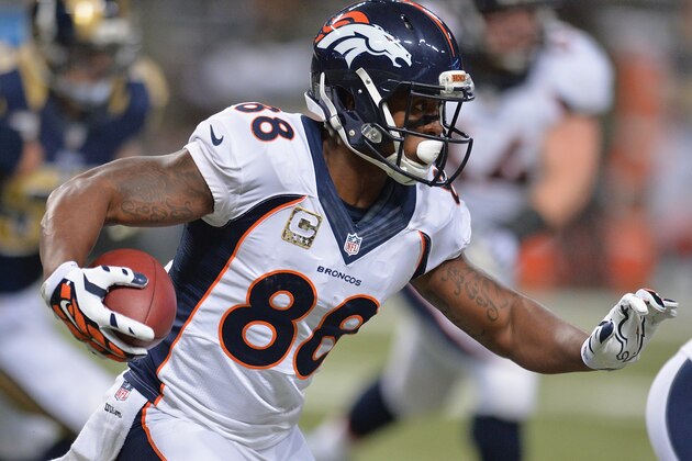 ST. LOUIS, MO - NOVEMBER 16: Demaryius Thomas #88 of the Denver Broncos rushes against the St. Louis Rams in the third quarter at the Edward Jones Dome on November 16, 2014 in St. Louis, Missouri. The Rams defeated the Broncos 22-7. (Photo by Michael B. Thomas/Getty Images) ST. LOUIS, MO - NOVEMBER 16: Demaryius Thomas #88 of the Denver Broncos rushes against the St. Louis Rams in the third quarter at the Edward Jones Dome on November 16, 2014 in St. Louis, Missouri. The Rams defeated the Broncos 22-7. (Photo by Michael B. Thomas/Getty Images)