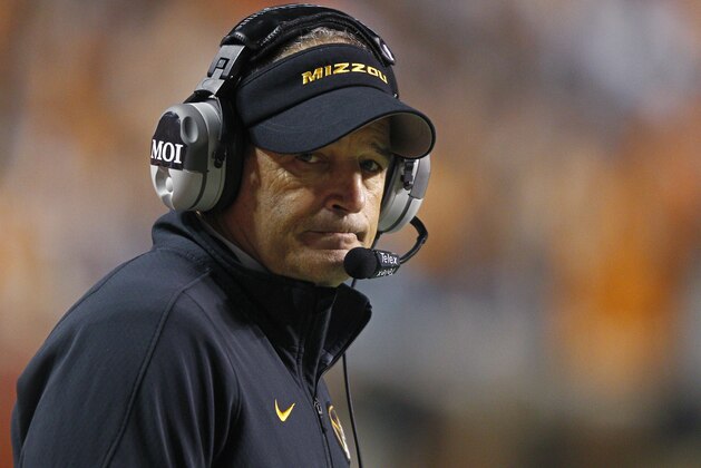Missouri head coach Gary Pinkel in the second half of an NCAA college football game against Tennessee  Saturday, Nov. 22, 2014 in Knoxville, Tenn. Missouri won 29-21. (AP Photo/Wade Payne)