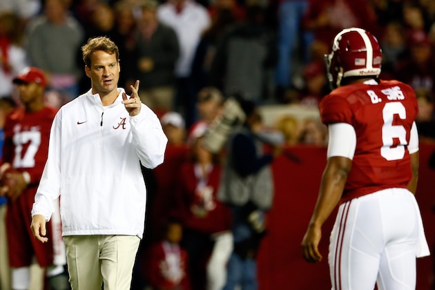 TUSCALOOSA, AL - NOVEMBER 29:  Lane Kiffin Offensive Coordinator at the University of Alabama talks with Blake Sims #6 during warm-ups prior to the Iron Bowl against the Auburn Tigers at Bryant-Denny Stadium on November 29, 2014 in Tuscaloosa, Alabama.  (Photo by Kevin C. Cox/Getty Images)