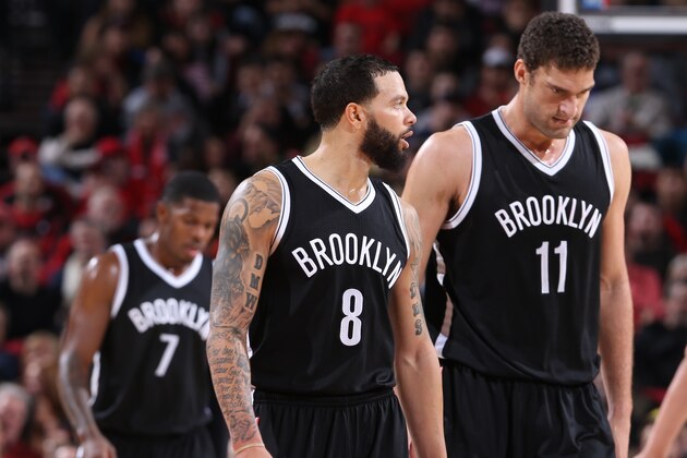 PORTLAND, OR - NOVEMBER 15: Deron Williams and Brook Lopez #11 of the Brooklyn Nets walk against the Portland Trail Blazers on November 15, 2014 at the Moda Center Arena in Portland, Oregon. NOTE TO USER: User expressly acknowledges and agrees that, by downloading and or using this photograph, user is consenting to the terms and conditions of the Getty Images License Agreement. Mandatory Copyright Notice: Copyright 2014 NBAE (Photo by Sam Forencich/NBAE via Getty Images)