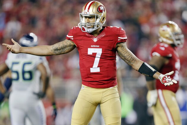 SANTA CLARA, CA - NOVEMBER 27:  Quarterback Colin Kaepernick #7 of the San Francisco 49ers looks to the officials during the last seconds of the second quarter against the Seattle Seahawks on November 27, 2014 at Levi's Stadium in Santa Clara, California.  The Seahawks won 19-3. (Photo by Brian Bahr/Getty Images)