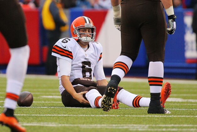 ORCHARD PARK, NY - NOVEMBER 30:   Brian Hoyer #6 of the Cleveland Browns reacts after being sacked during the second half against the Buffalo Bills at Ralph Wilson Stadium on November 30, 2014 in Orchard Park, New York.  (Photo by Brett Carlsen/Getty Images)