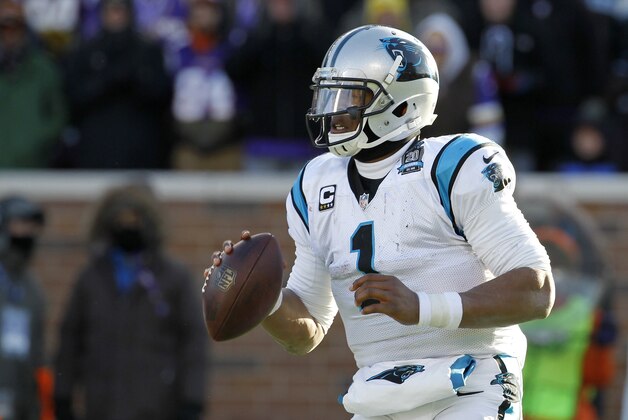 Carolina Panthers quarterback Cam Newton looks to pass during the second half of an NFL football game against the Minnesota Vikings, Sunday, Nov. 30, 2014, in Minneapolis. (AP Photo/Ann Heisenfelt)