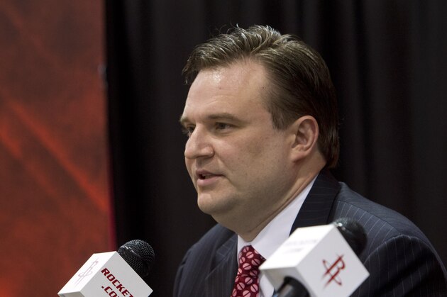 HOUSTON, TX - JULY 19: Daryl Morey, general manager of the Houston Rockets speaks during a press conference announcing the signing of Jeremy Lin at Toyota Center on July 19, 2012 in Houston, Texas.  (Photo by Bob Levey/Getty Images)