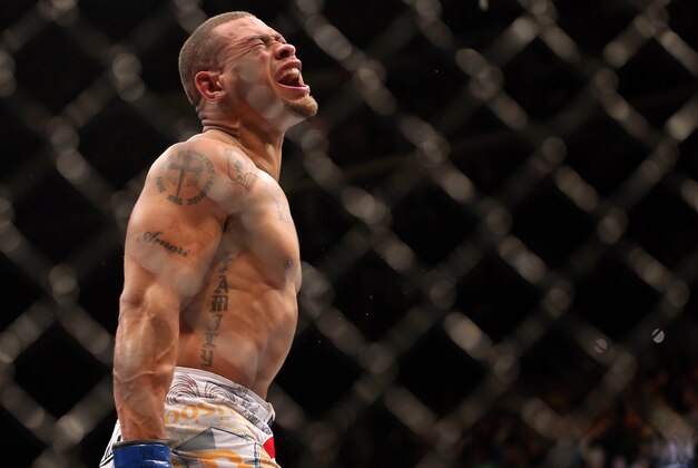 Feb 1, 2014; Newark, NJ, USA; Abel Trujillo (blue gloves) celebrates after knocking out Jamie Varner (not pictured) fights during UFC 169 at Prudential Center. Mandatory Credit: Joe Camporeale-USA TODAY Sports