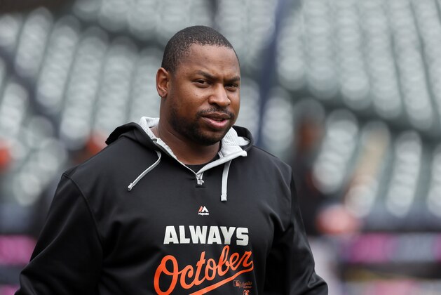 Baltimore Orioles' Delmon Young watches during practice in preparation for Game 3 of baseball's American League Division Series in Detroit Saturday, Oct. 4, 2014. Baltimore leads the series 2-0. (AP Photo/Paul Sancya)