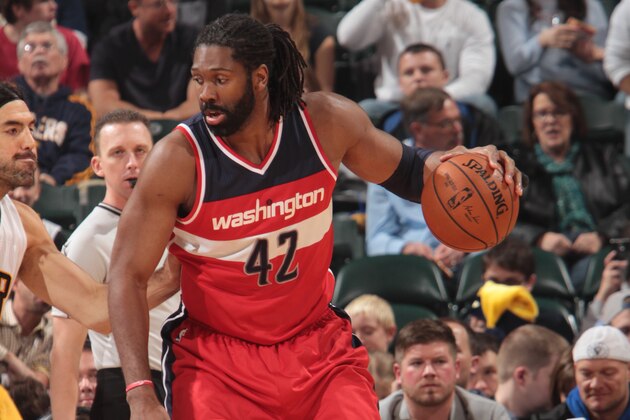 INDIANAPOLIS, IN - NOVEMBER 8:  Nene Hilario #42 of the Washington Wizards handles the ball against the Indiana Pacers on November 8, 2014 at Bankers Life Fieldhouse in Indianapolis, Indiana.  NOTE TO USER: User expressly acknowledges and agrees that, by downloading and or using this Photograph, user is consenting to the terms and conditions of the Getty Images License Agreement. Mandatory Copyright Notice: Copyright 2014 NBAE (Photo by Ron Hoskins/NBAE via Getty Images)