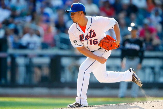 NEW YORK, NY - JULY 12:  Daisuke Matsuzaka #16 of the New York Mets pitches in the fourth inning against the Miami Marlins at Citi Field on July 12, 2014 in the Flushing neighborhood of the Queens borough of New York City.  (Photo by Jim McIsaac/Getty Images)