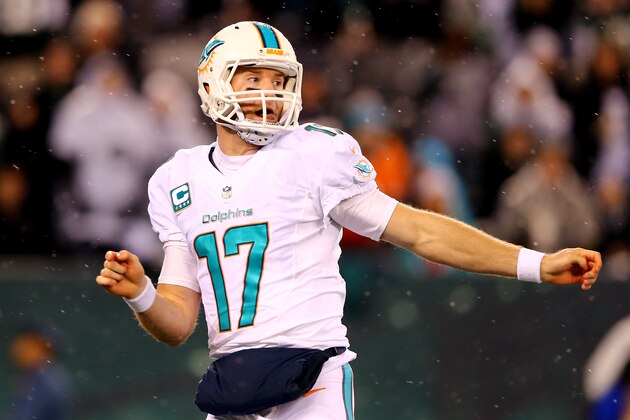 EAST RUTHERFORD, NJ - DECEMBER 01:   Ryan Tannehill #17 of the Miami Dolphins looks on after a pass in the first quarter against the New York Jets during their game at MetLife Stadium on December 1, 2014 in East Rutherford, New Jersey.  (Photo by Elsa/Getty Images)