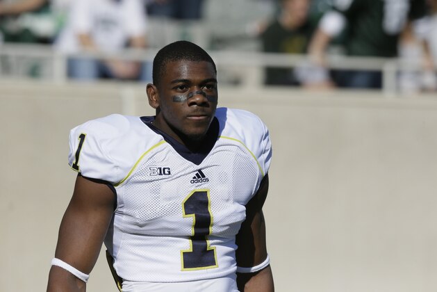 Michigan wide receiver Devin Funchess (1) is seen before the first half of an NCAA college football game against Michigan State in East Lansing, Mich., Saturday, Oct. 25, 2014. (AP Photo/Carlos Osorio)