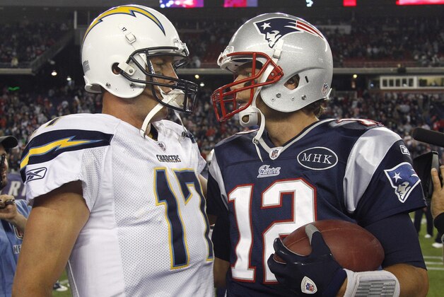 New England Patriots quarterback Tom Brady, right, is congratulated by San Diego Chargers quarterback Philip Rivers after an NFL football game in Foxborough, Mass., Sunday Sept. 18, 2011. The Patriots beat the Chargers 35-21. (AP Photo/Charles Krupa)
