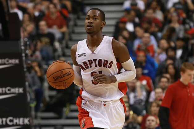 TORONTO, ON - NOVEMBER 4:  Terrence Ross #31 of the Toronto Raptors brings the ball up court against the Oklahoma City Thunder during their game at Air Canada Centre on November 4, 2014 in Toronto, Canada. NOTE TO USER: User expressly acknowledges and agrees that, by downloading and/or using this photograph, user is consenting to the terms and conditions of the Getty Images License Agreement. Mandatory copyright notice.(Photo by Dave Sandford/Getty Images)