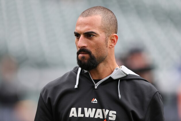 DETROIT, MI - OCTOBER 05:  Nick Markakis #21 of the Baltimore Orioles looks on during batting practice prior to Game Three of the American League Division Series against the Detroit Tigers at Comerica Park on October 5, 2014 in Detroit, Michigan.  (Photo by Leon Halip/Getty Images)