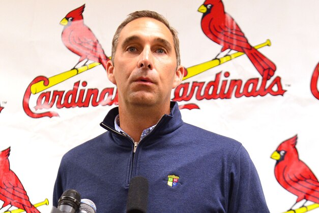 Mar 8, 2014; Jupiter, FL, USA; St. Louis Cardinals general manager John Mozeliak addresses the media during a press conference announcing a contract extension for Cardinals third baseman Matt Carpenter (13) at Roger Dean Stadium. Mandatory Credit: Scott Rovak-USA TODAY Sports