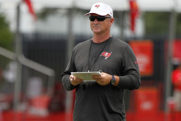 Jul 28, 2014; Tampa, FL, USA; Tampa Bay Buccaneers  offensive coordinator Jeff Tedford looks on during training camp at One Buc Place. Mandatory Credit: Kim Klement-USA TODAY Sports