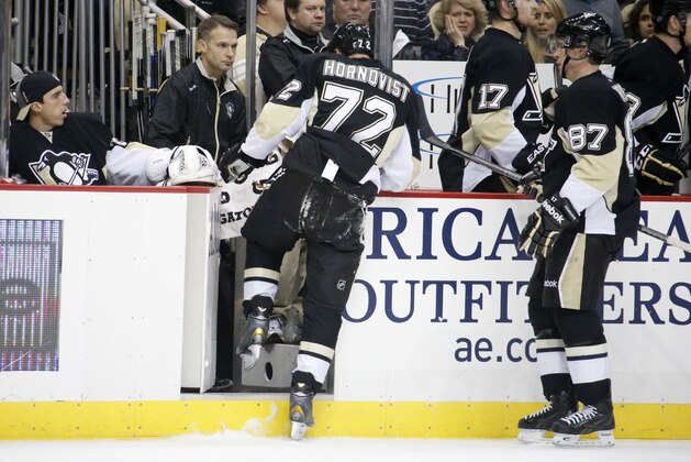 Pittsburgh Penguins' Patric Hornqvist (72) leaves the ice after being injured during the second period of an NHL hockey game against the Vancouver Canucks in Pittsburgh Thursday, Dec. 4, 2014.  Hornqvist did not return to the game. (AP Photo/Gene J. Puskar)