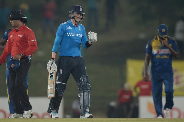 HAMBANTOTA, SRI LANKA - DECEMBER 03:  Joe Root of England celebrates hitting the winning runs to win the 3rd One Day International between Sri Lanka and England at Mahinda Rajapaksa International Stadium on December 3, 2014 in Hambantota, Sri Lanka.  (Photo by Gareth Copley/Getty Images)