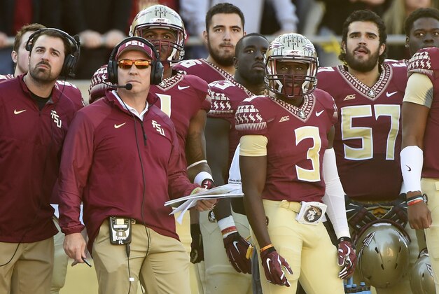 Nov 29, 2014; Tallahassee, FL, USA; Florida State Seminoles head coach Jimbo Fisher stands on the sideline during the first quarter against the Florida Gators at Doak Campbell Stadium. Mandatory Credit: Tommy Gilligan-USA TODAY Sports