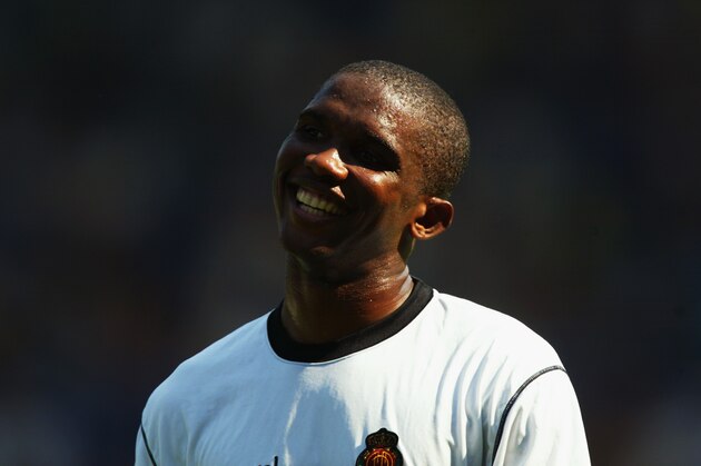 BIRMINGHAM - AUGUST 9:  Samuel Eto'o of Real Mallorca enjoys himself during the Pre-Season Friendly match between Birmingham City and Real Mallorca held on August 9, 2003 at St Andrews, in Birmingham, England. The match ended in a 0-0 draw. (Photo by Ben Radford/Getty Images)