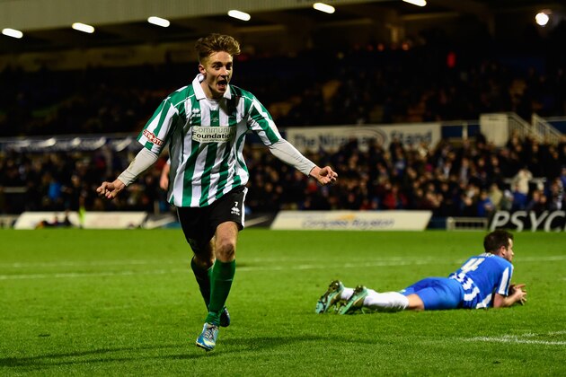 HARTLEPOOL, ENGLAND - DECEMBER 05:  Blyth Spartans player Jarrett Rivers celebrates after scoring the second goal during the FA Cup Second round match between Hartlepool United and Blyth Spartans at Victoria Park on December 5, 2014 in Hartlepool, England.  (Photo by Stu Forster/Getty Images)