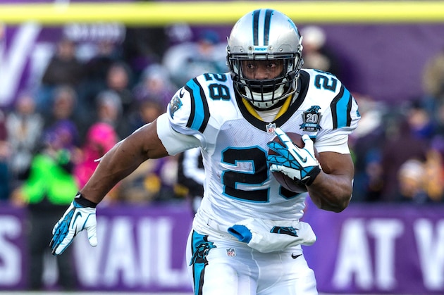 Nov 30, 2014; Minneapolis, MN, USA; Carolina Panthers running back Jonathan Stewart (28) carries the ball during the third quarter against the Minnesota Vikings at TCF Bank Stadium. The Vikings defeated the Panthers 31-13. Mandatory Credit: Brace Hemmelgarn-USA TODAY Sports