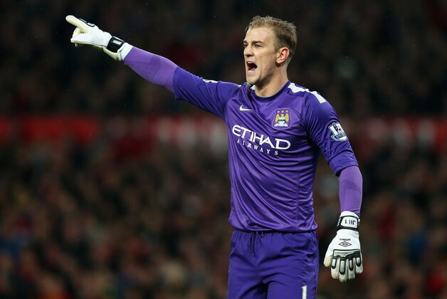 MANCHESTER, ENGLAND - MARCH 25:   Joe Hart of Manchester City gestures during the Barclays Premier League match between Manchester United and Manchester City at Old Trafford on March 25, 2014 in Manchester, England.  (Photo by Alex Livesey/Getty Images)