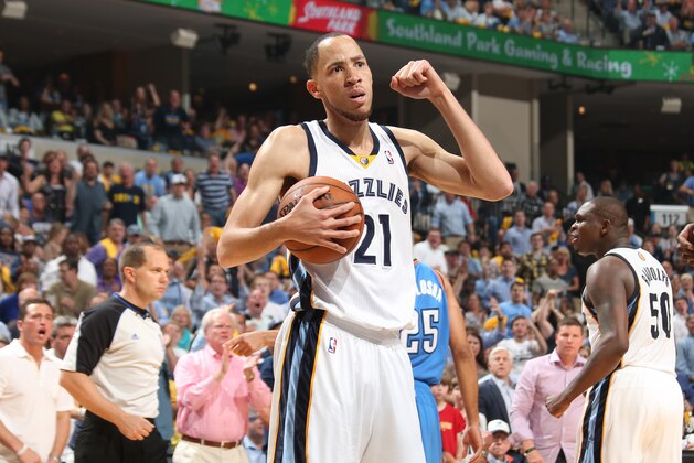 MEMPHIS, TN - APRIL 24: Tayshaun Prince #21 of the Memphis Grizzlies celebrates against the Oklahoma City Thunder in Game Three of the Western Conference Quarterfinals during the 2014 NBA Playoffs on April 24, 2014 at FedExForum in Memphis, Tennessee. NOTE TO USER: User expressly acknowledges and agrees that, by downloading and or using this photograph, User is consenting to the terms and conditions of the Getty Images License Agreement. Mandatory Copyright Notice: Copyright 2014 NBAE (Photo by Joe Murphy/NBAE via Getty Images)