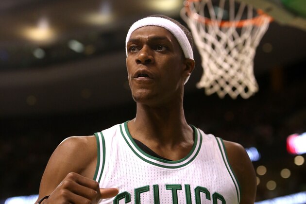 BOSTON, MA - NOVEMBER 14: Rajon Rondo #9 of the Boston Celtics reacts after a play against the Cleveland Cavaliers at TD Garden on November 14, 2014 in Boston, Massachusetts. NOTE TO USER: User expressly acknowledges and agrees that, by downloading and or using this photograph, User is consenting to the terms and conditions of the Getty Images License Agreement.  (Photo by Mike Lawrie/Getty Images)