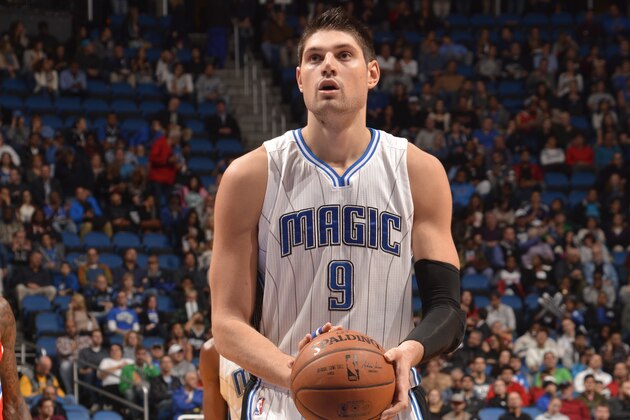 ORLANDO, FL - NOVEMBER 19:  Nikola Vucevic #9 of the Orlando Magic  prepares to shoot a free throw against the Los Angeles Clipperson November 19, 2014 at Amway Center in Orlando, Florida. NOTE TO USER: User expressly acknowledges and agrees that, by downloading and or using this photograph, User is consenting to the terms and conditions of the Getty Images License Agreement. Mandatory Copyright Notice: Copyright 2014 NBAE (Photo by Fernando Medina/NBAE via Getty Images)