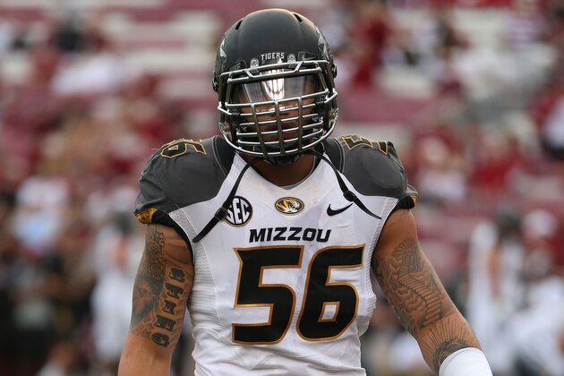 Sep 27, 2014; Columbia, SC, USA; Missouri Tigers defensive lineman Shane Ray (56) during pre-game warm ups at Williams-Brice Stadium. Missouri wins in the final minutes 21-20 over South Carolina. Mandatory Credit: Jim Dedmon-USA TODAY Sports