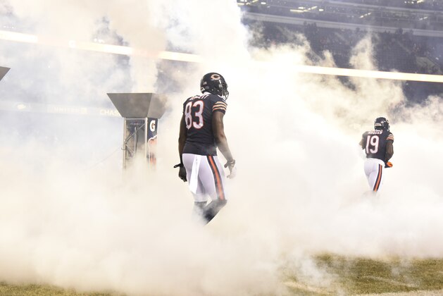 CHICAGO, IL - DECEMBER 04: Martellus Bennett #83 of the Chicago Bears takes the field against the Dallas Cowboys on December 4, 2014 at Soldier Field in Chicago, Illinois.  The Dallas Cowboys defeated the Chicago Bears 41-28.  (Photo by David Banks/Getty Images)