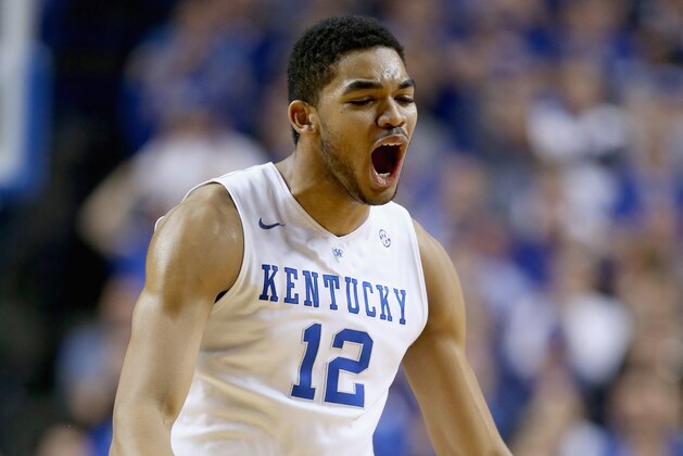 LEXINGTON, KY - DECEMBER 05:  Karl-Anthony Towns #12 of the Kentucky Wildcats celebrates during the game against the Texas Longhorns at Rupp Arena on December 5, 2014 in Lexington, Kentucky.  (Photo by Andy Lyons/Getty Images)