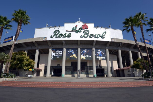 Oct 11, 2014; Pasadena, CA, USA; General view of the Rose Bowl exterior before the NCAA football game between the Oregon Ducks and the UCLA Bruins. Mandatory Credit: Kirby Lee-USA TODAY Sports