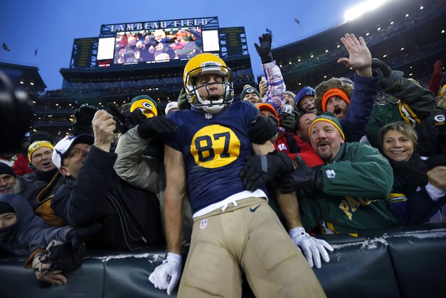 Green Bay Packers wide receiver Jordy Nelson (87) does the Lambeau Leap after scoring a touchdown against the Philadelphia Eagles during an NFL football game on Sunday, Nov. 16, 2014 in Green Bay, Wis. The Packers won the game 53-20. (Jeff Haynes/AP Images for Panini)
