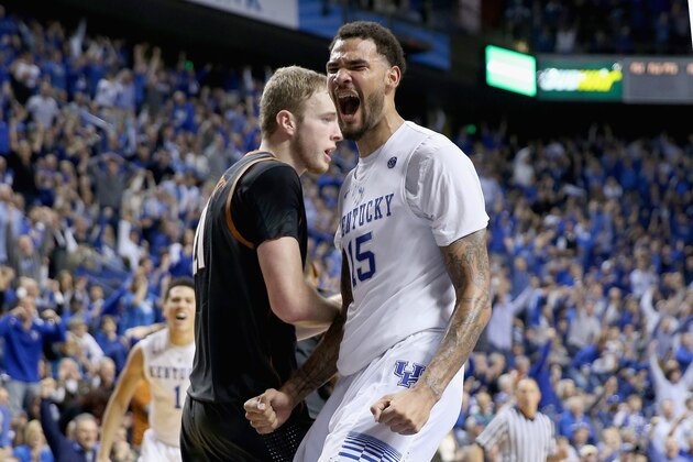 LEXINGTON, KY - DECEMBER 05:  Willie Cauley-Stein #15 of the Kentucky Wildcats celebrates after a dunk during the game against the Texas Longhorns at Rupp Arena on December 5, 2014 in Lexington, Kentucky.  (Photo by Andy Lyons/Getty Images)