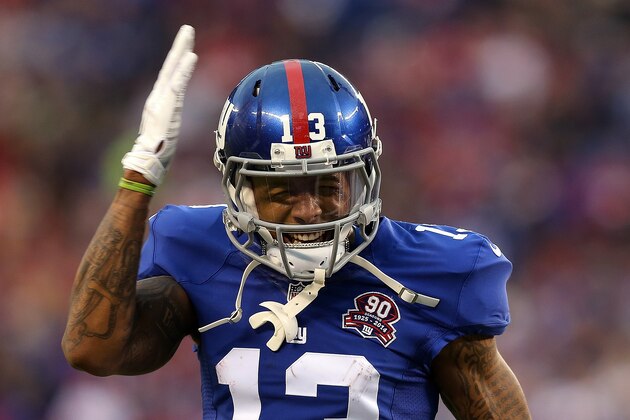 EAST RUTHERFORD, NJ - NOVEMBER 16:  Odell Beckham #13 of the New York Giants reacts  in the fourth quarter against the San Francisco 49ers at MetLife Stadium on November 16, 2014 in East Rutherford, New Jersey.  (Photo by Michael Heiman/Getty Images)