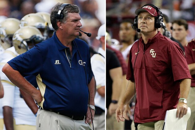 FILE - At left, in an Aug. 30, 2014, file photo, Georgia Tech head coach Paul Johnson watches play against Wofford during the second half of an NCAA college football game in Atlanta. At right, also in an Aug. 30, 2014, file photo, Florida State coach Jimbo Fisher watches an extra point by his team against Oklahoma State in the second half of an NCAA college football game in Arlington, Texas. The No. 12 Yellow Jackets routed Clemson, pulled off a thrilling overtime win against Georgia and now look for their biggest win yet _ against defending national champion Florida State in the ACC championship game. (AP Photo/File)