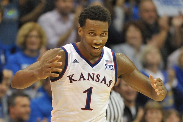 Dec 5, 2014; Lawrence, KS, USA; Kansas Jayhawks guard Wayne Selden Jr. (1) celebrates after a call during the second half against the Florida Gators at Allen Fieldhouse. The Jayhawks won 71-65. Mandatory Credit: Denny Medley-USA TODAY Sports