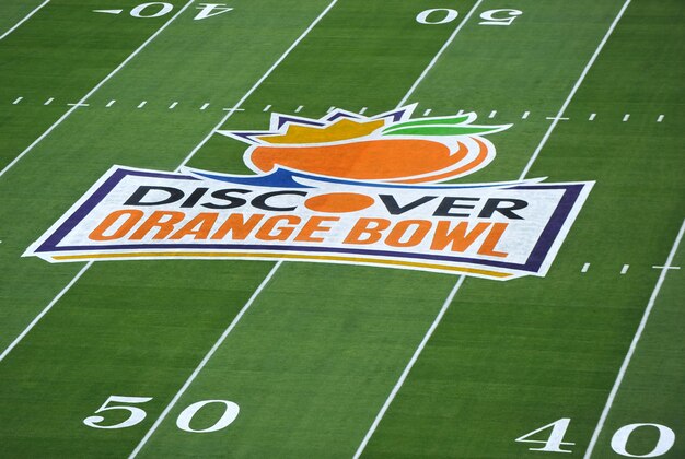 Jan. 1, 2013; Miami, FL, USA; A Orange Bowl logo is seen before a game between the Northern Illinois Huskies and the Florida State Seminoles at Sun Life Stadium. Mandatory Credit: Steve Mitchell-USA TODAY Sports