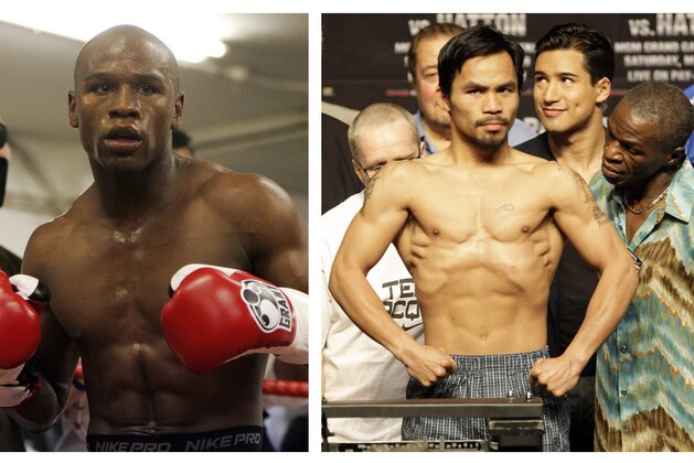 FILE - In this combination of file photos, U.S. boxer Floyd Mayweather Jr., left, prepares to spar at a gym in east London on May 22, 2009, and Manny Pacquiao, right, of the Philippines, weighs in for the junior welterweight boxing match against British boxer Ricky Hatton, May 1, 2009, in Las Vegas. The March 13 , 2010 megafight between Manny Pacquiao and Floyd Mayweather Jr. has been thrown into jeopardy. Mayweather's camp is demanding the fighters submit to Olympic-type drug testing in the weeks leading up to the bout. Leonard Ellerbe, Mayweather's manager, says the fight will not go on if Pacquiao doesn't agree to blood testing under standards followed by the United States Anti-Doping Agency. (AP Photos/Alastair Grant and Rick Bowmer, File)