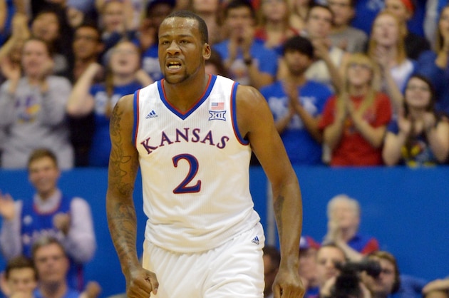 Nov 14, 2014; Lawrence, KS, USA; Kansas Jayhawks forward Cliff Alexander (2) celebrates after scoring during the second half against the UC Santa Barbara Gauchos at Allen Fieldhouse. Kansas won 69 - 59. Mandatory Credit: Denny Medley-USA TODAY Sports