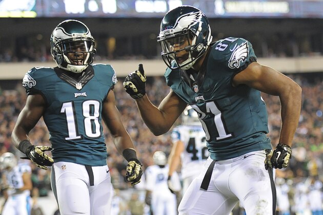 PHILADELPHIA, PA - NOVEMBER 10: Jordan Matthews #81 and Jeremy Maclin #18 of the Philadelphia Eagles react after Matthews scored a touchdown against the Carolina Panthers on November 10, 2014 at Lincoln Financial Field in Philadelphia, Pennsylvania. (Photo by Evan Habeeb/Getty Images)