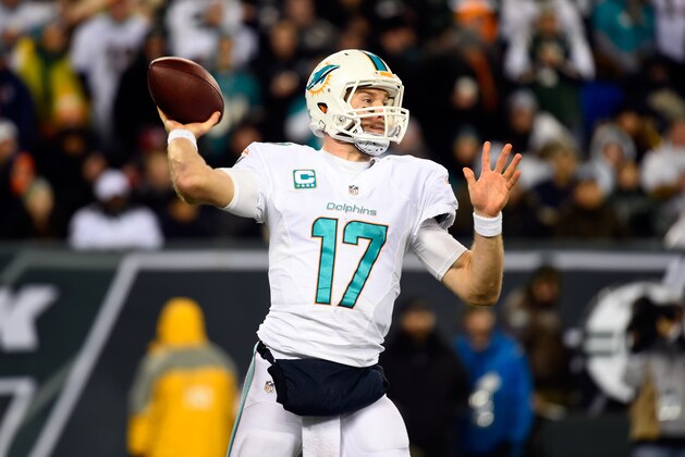 EAST RUTHERFORD, NJ - DECEMBER 01:  Ryan Tannehill #17 of the Miami Dolphins in action against the New York Jets during their game at MetLife Stadium on December 1, 2014 in East Rutherford, New Jersey.  (Photo by Alex Goodlett/Getty Images)