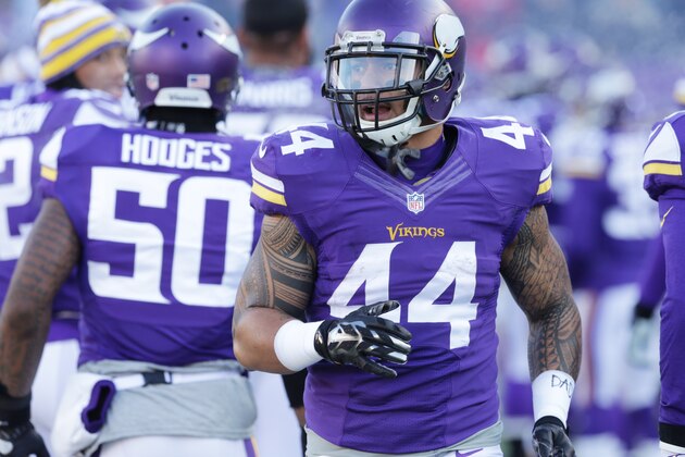 Minnesota Vikings running back Matt Asiata (44) runs onto the field before an NFL football game against the Carolina Panthers, Sunday, Nov. 30, 2014, in Minneapolis. (AP Photo/Jim Mone)
