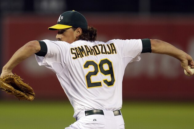 Oakland Athletics' Jeff Samardzija works against the Texas Rangers in the first inning of a baseball game Wednesday, Sept. 17, 2014, in Oakland, Calif. (AP Photo/Ben Margot)